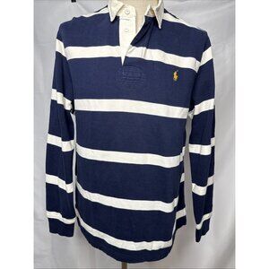 Polo Ralph Lauren Shirt Mens Large Blue White Rugby Striped Collar Pony Logo